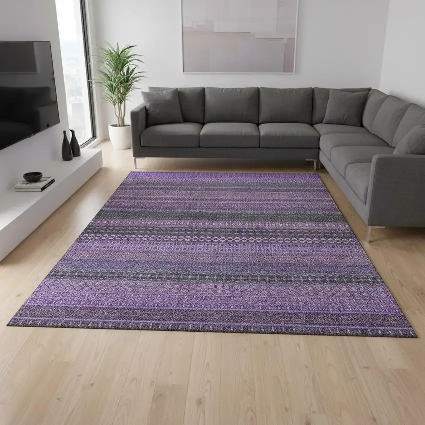 Purple And Ivory Striped Washable Area Rug With UV Protection Photo 1