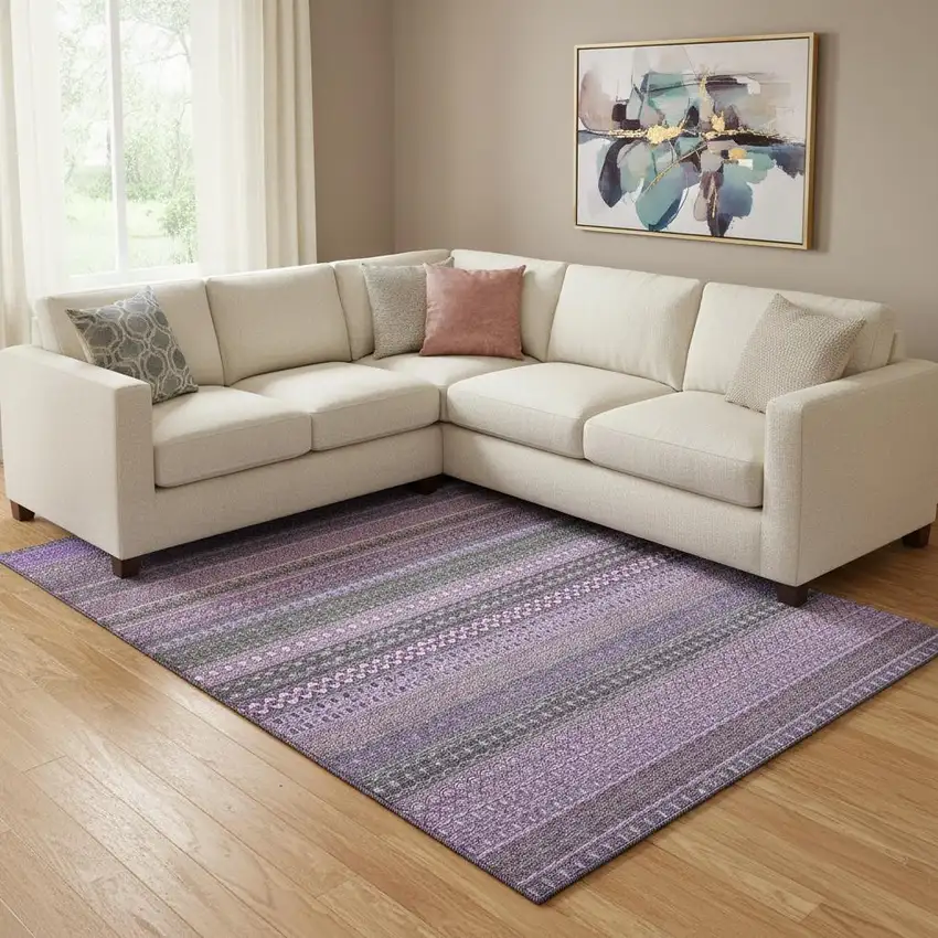 Purple And Ivory Striped Washable Area Rug With UV Protection Photo 1