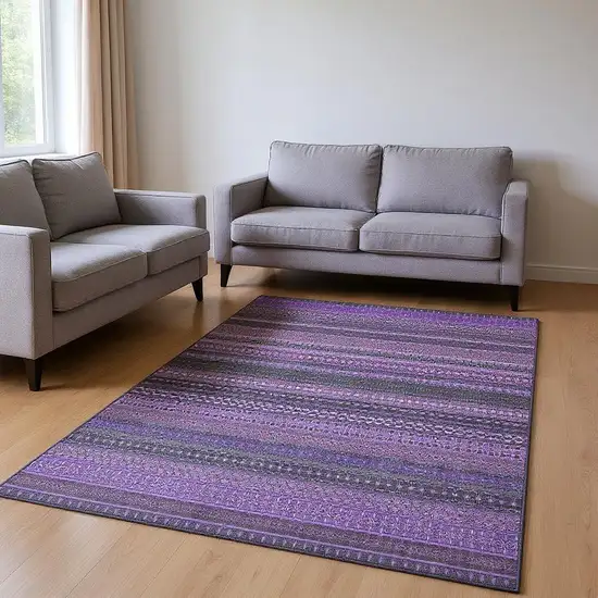 Purple And Ivory Striped Washable Area Rug With UV Protection Photo 2