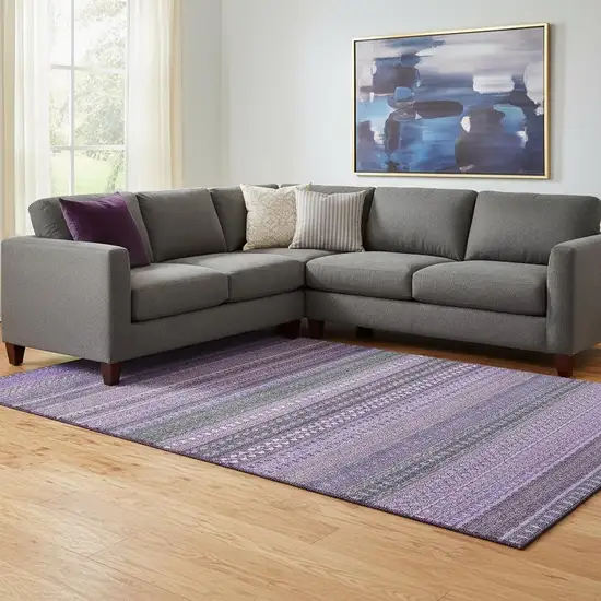 Purple And Ivory Striped Washable Area Rug With UV Protection Photo 1