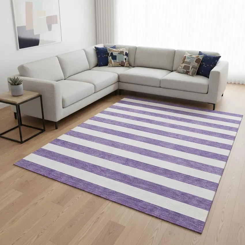 Purple And Ivory Striped Washable Area Rug With UV Protection Photo 1