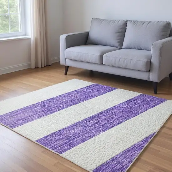 Purple And Ivory Striped Washable Area Rug With UV Protection Photo 2