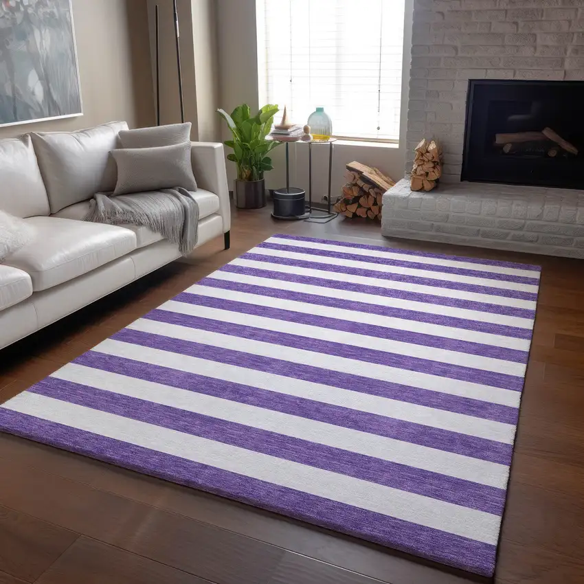 Purple And Ivory Striped Washable Area Rug With UV Protection Photo 4
