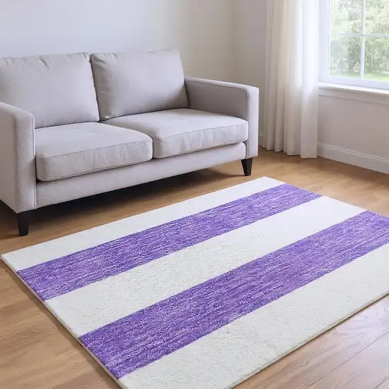 Purple And Ivory Striped Washable Area Rug With UV Protection Photo 2