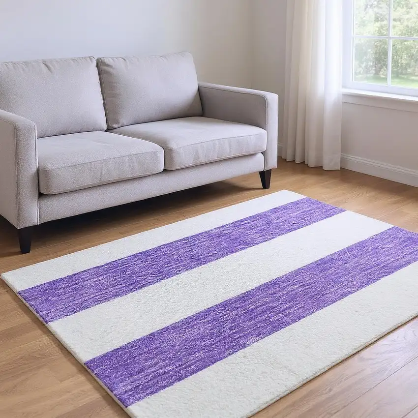 Purple And Ivory Striped Washable Area Rug With UV Protection Photo 2