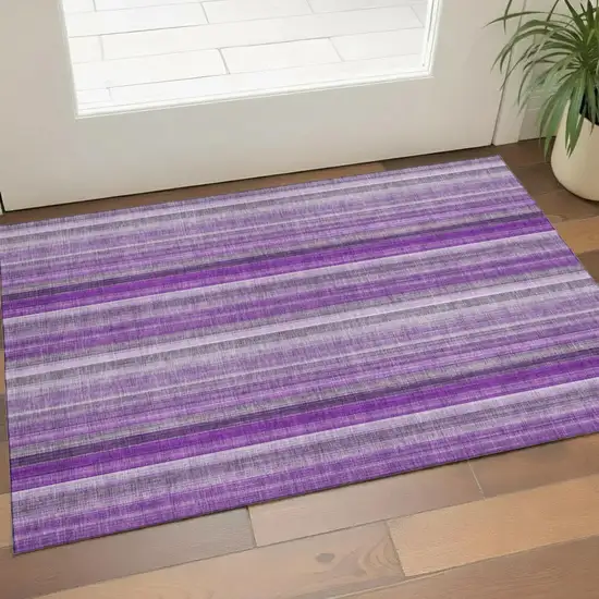 Purple And Ivory Striped Washable Area Rug With UV Protection Photo 1