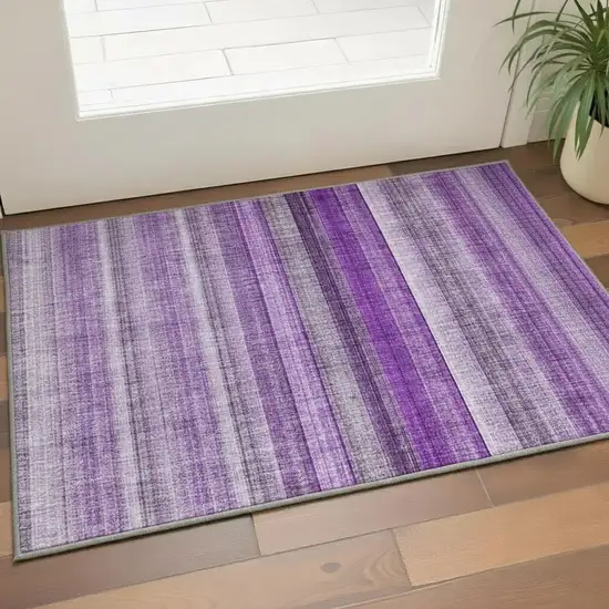 Purple And Ivory Striped Washable Area Rug With UV Protection Photo 2