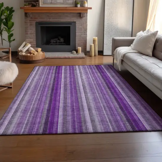 Purple And Ivory Striped Washable Area Rug With UV Protection Photo 6