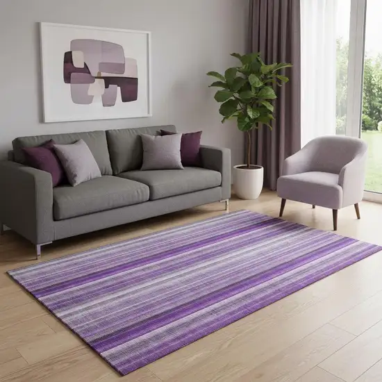Purple And Ivory Striped Washable Area Rug With UV Protection Photo 1