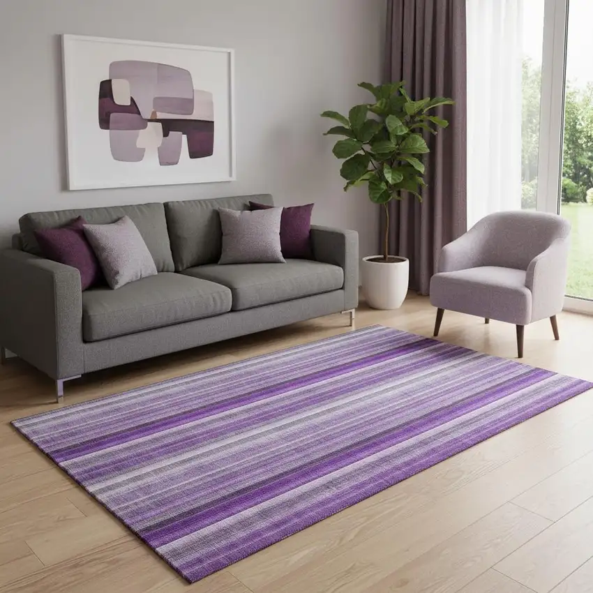 Purple And Ivory Striped Washable Area Rug With UV Protection Photo 1