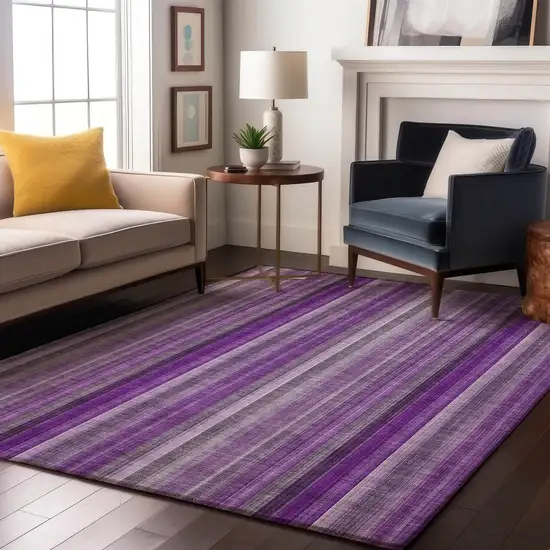 Purple And Ivory Striped Washable Area Rug With UV Protection Photo 5