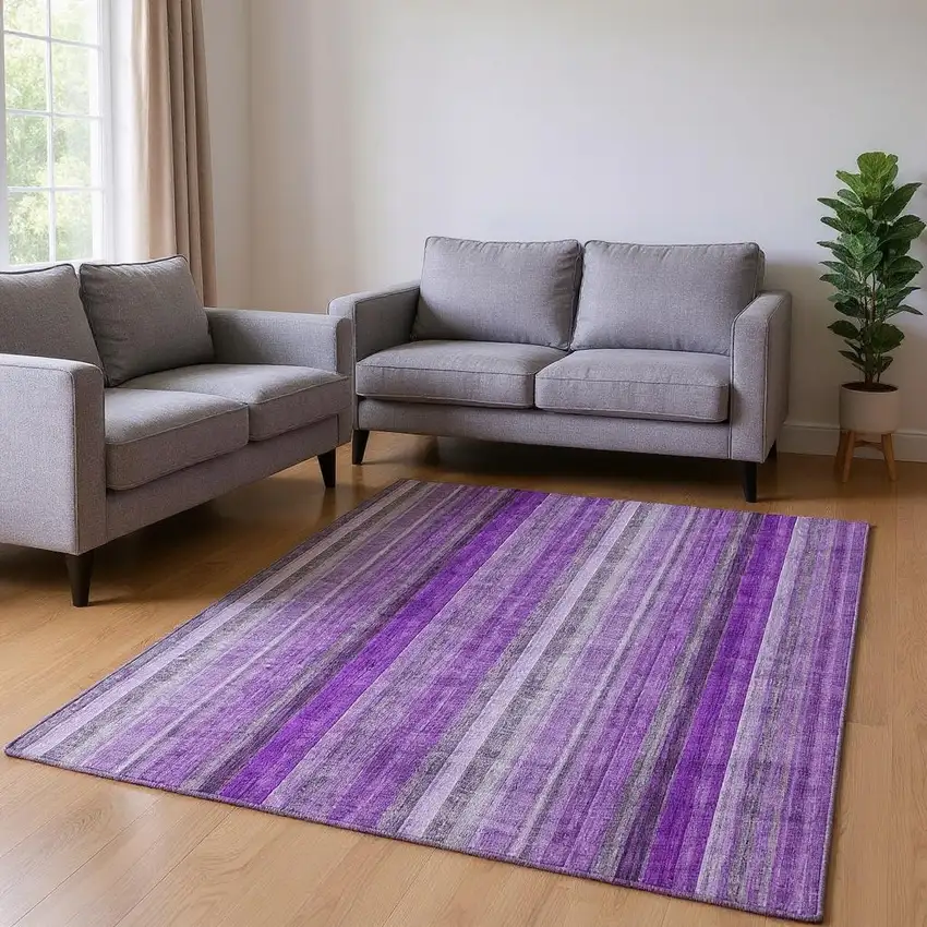 Purple And Ivory Striped Washable Area Rug With UV Protection Photo 2