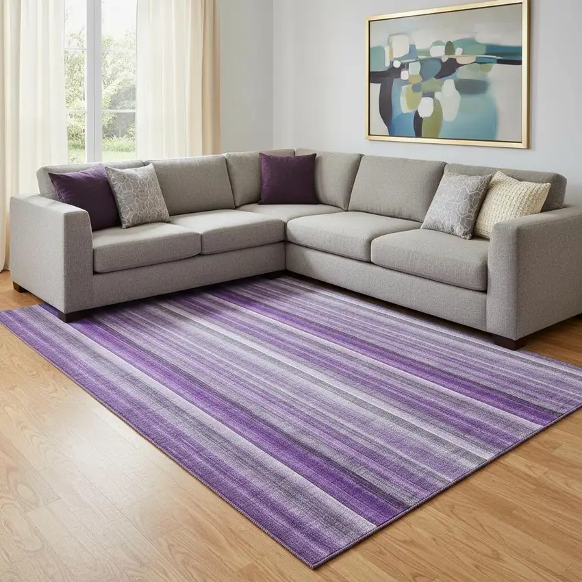 Purple And Ivory Striped Washable Area Rug With UV Protection Photo 1