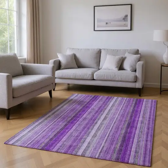 Purple And Ivory Striped Washable Area Rug With UV Protection Photo 2