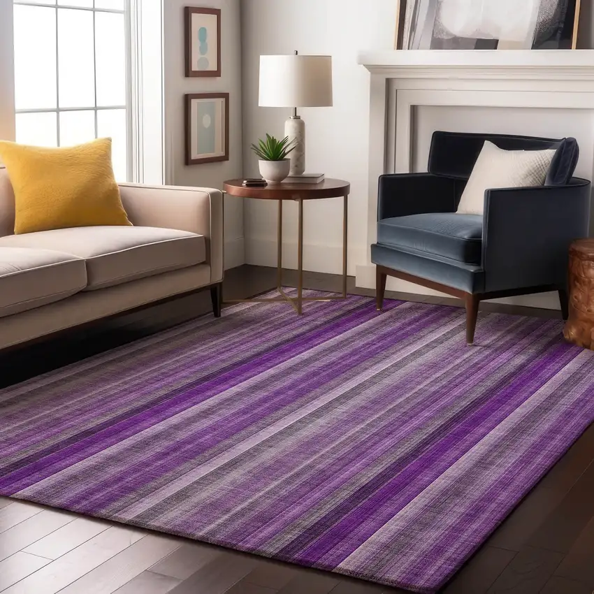 Purple And Ivory Striped Washable Area Rug With UV Protection Photo 5
