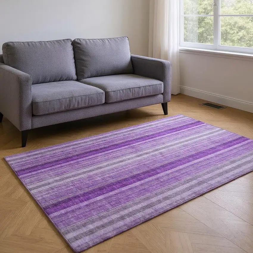 Purple And Ivory Striped Washable Area Rug With UV Protection Photo 2