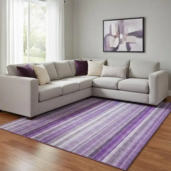Purple And Ivory Striped Washable Area Rug With UV Protection Photo 1