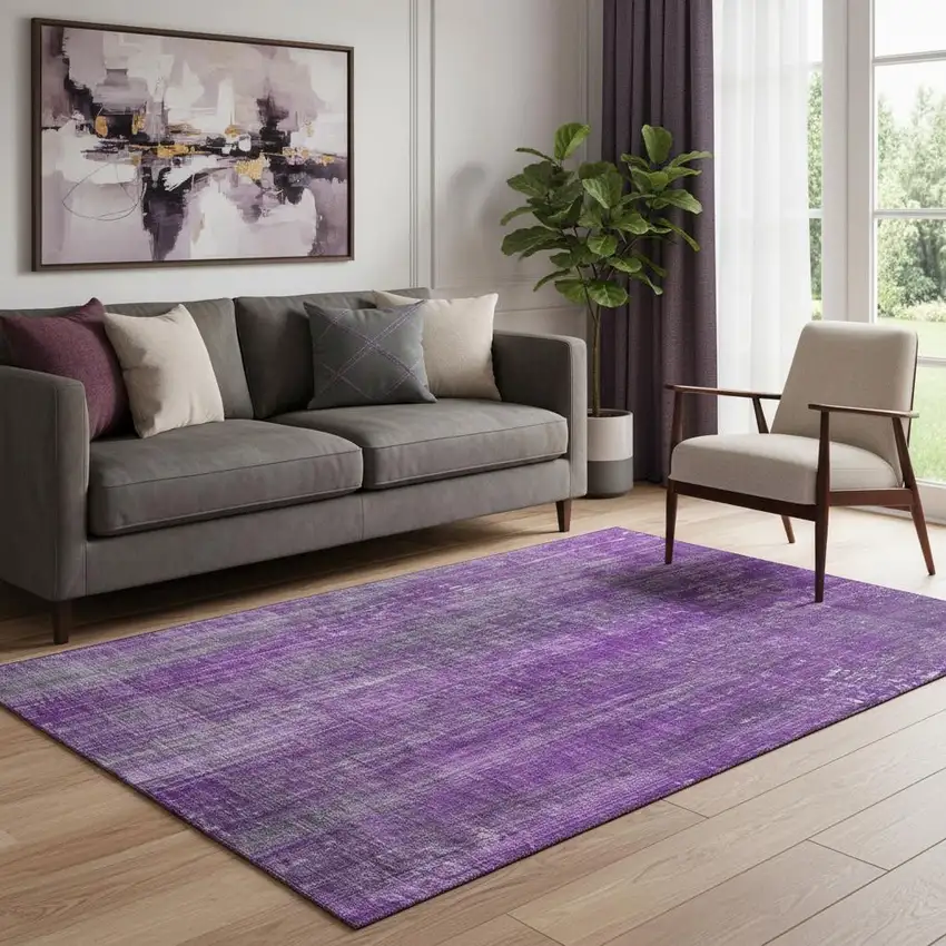 Purple And Ivory Striped Washable Area Rug With UV Protection Photo 1
