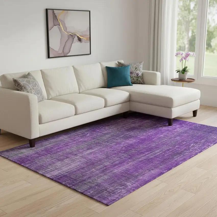 Purple And Ivory Striped Washable Area Rug With UV Protection Photo 1