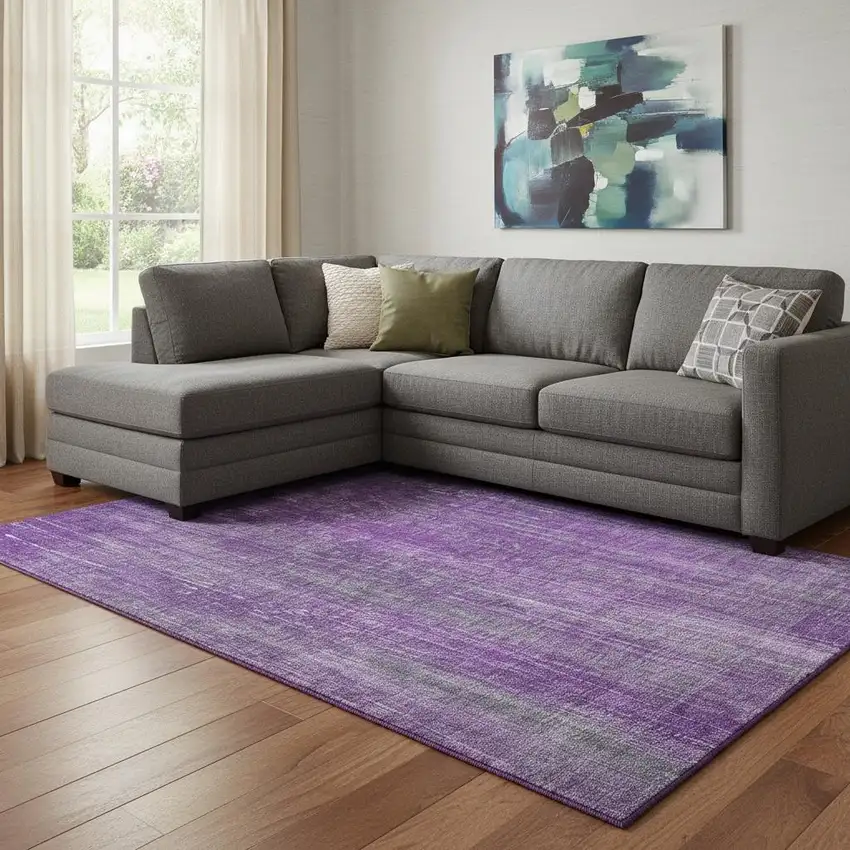 Purple And Ivory Striped Washable Area Rug With UV Protection Photo 1