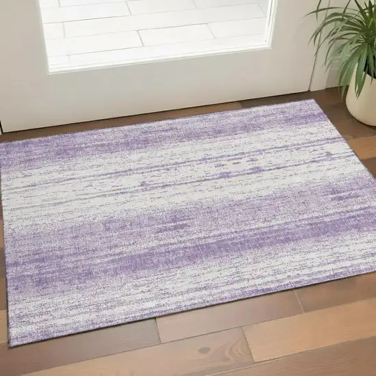 Purple And Ivory Striped Washable Area Rug With UV Protection Photo 1