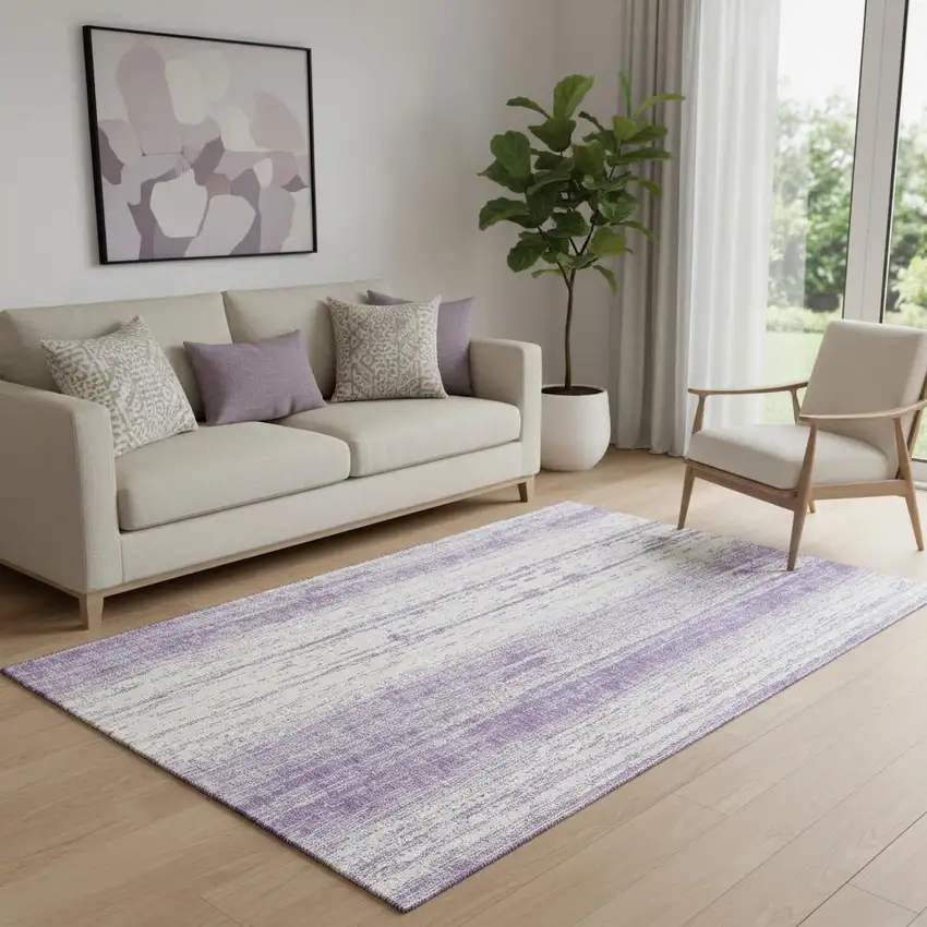 Purple And Ivory Striped Washable Area Rug With UV Protection Photo 1