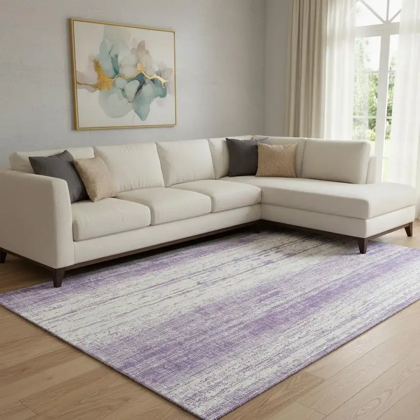 Purple And Ivory Striped Washable Area Rug With UV Protection Photo 1