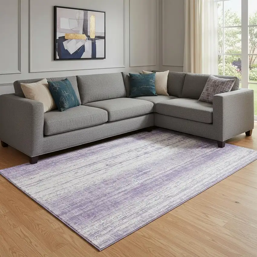 Purple And Ivory Striped Washable Area Rug With UV Protection Photo 1