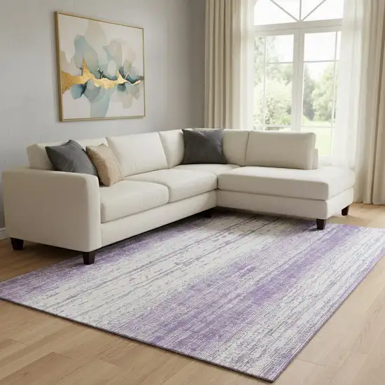 Purple And Ivory Striped Washable Area Rug With UV Protection Photo 1