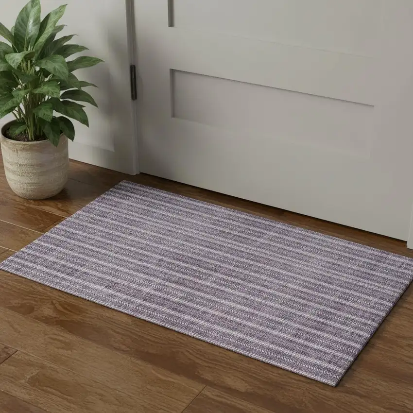Purple And Ivory Striped Washable Area Rug With UV Protection Photo 1