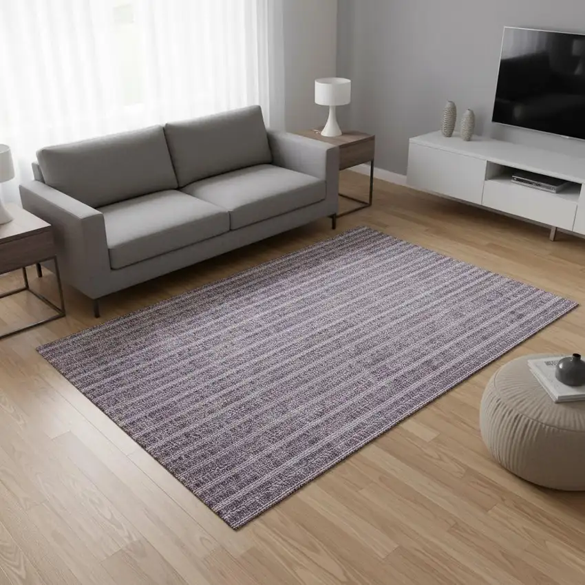 Purple And Ivory Striped Washable Area Rug With UV Protection Photo 2