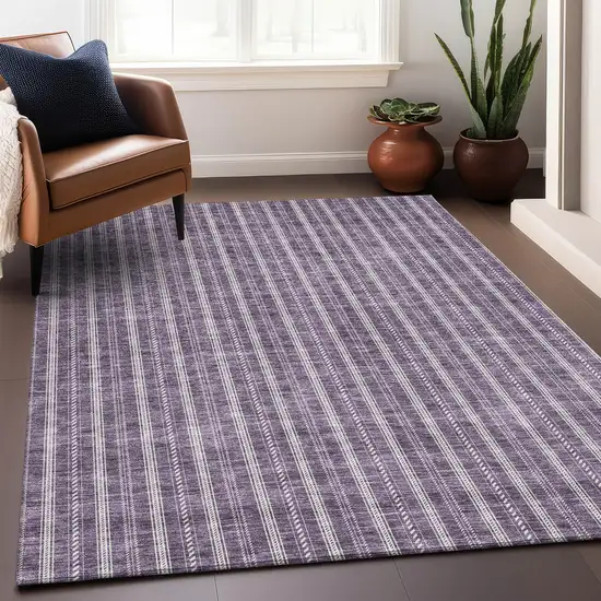 Purple And Ivory Striped Washable Area Rug With UV Protection Photo 5