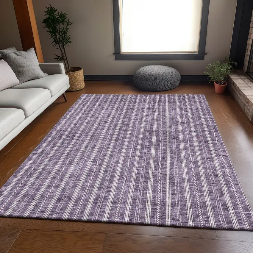 Purple And Ivory Striped Washable Area Rug With UV Protection Photo 4