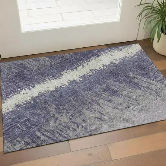 Purple And Ivory Striped Washable Area Rug With UV Protection Photo 2
