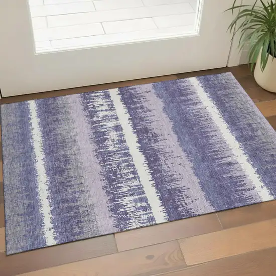 Purple And Ivory Striped Washable Area Rug With UV Protection Photo 1