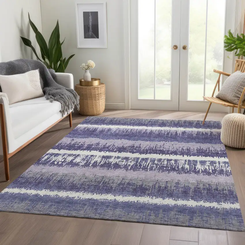 Purple And Ivory Striped Washable Area Rug With UV Protection Photo 5
