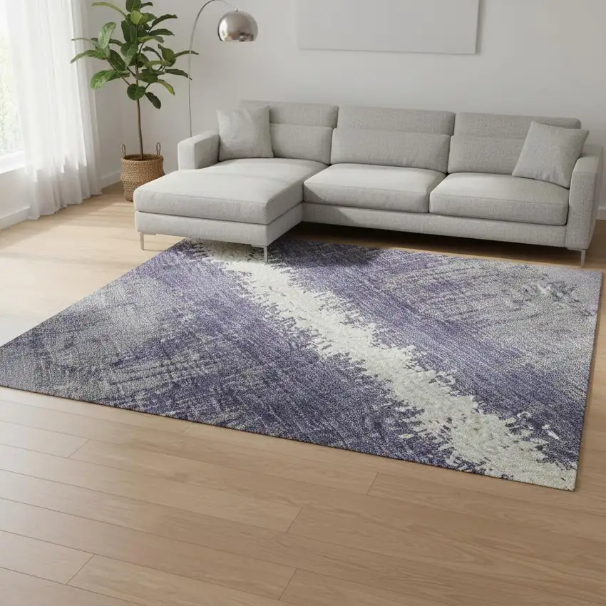 Purple And Ivory Striped Washable Area Rug With UV Protection Photo 2