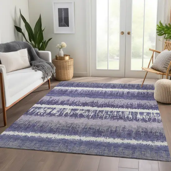 Purple And Ivory Striped Washable Area Rug With UV Protection Photo 3
