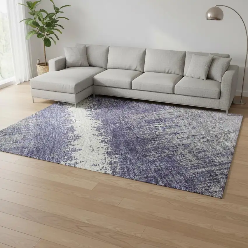 Purple And Ivory Striped Washable Area Rug With UV Protection Photo 2