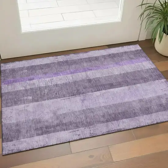 Purple And Ivory Striped Washable Area Rug With UV Protection Photo 2