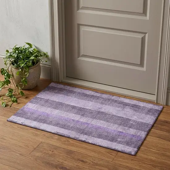 Purple And Ivory Striped Washable Area Rug With UV Protection Photo 1