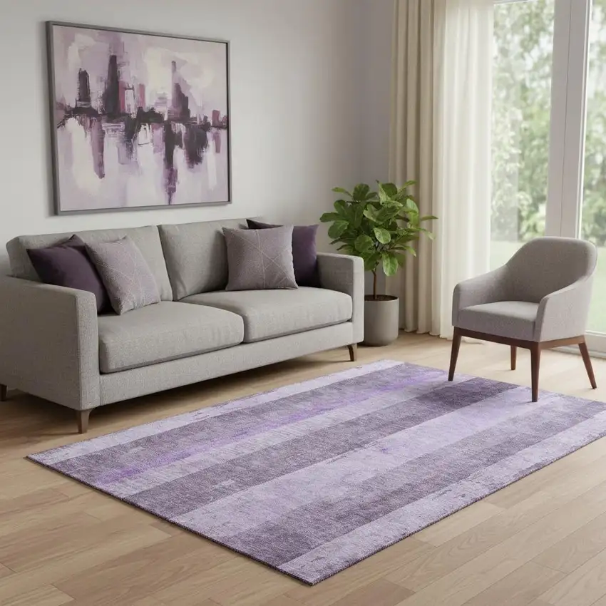 Purple And Ivory Striped Washable Area Rug With UV Protection Photo 2