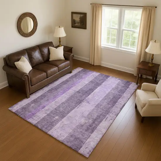 Purple And Ivory Striped Washable Area Rug With UV Protection Photo 4