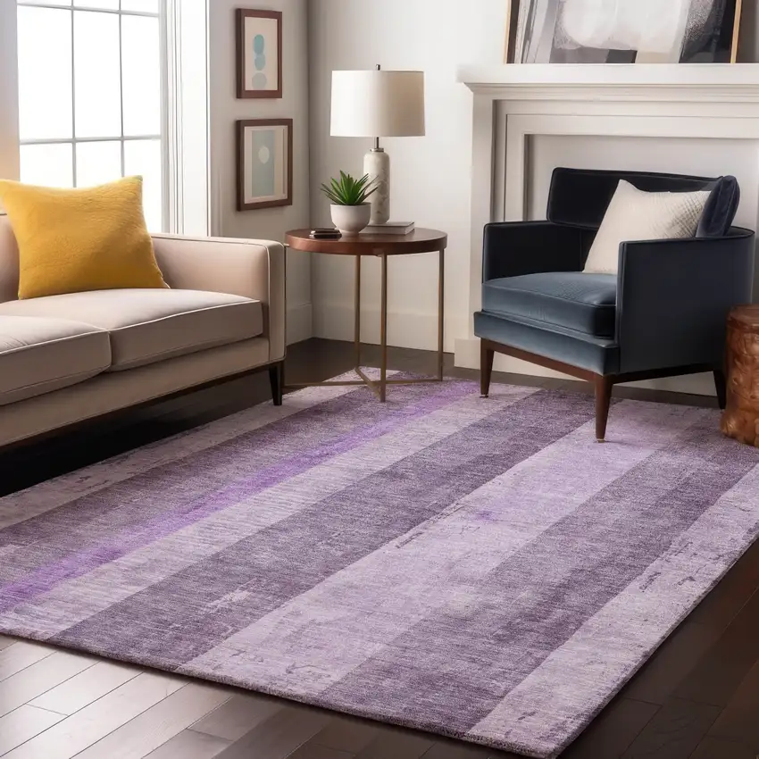 Purple And Ivory Striped Washable Area Rug With UV Protection Photo 5