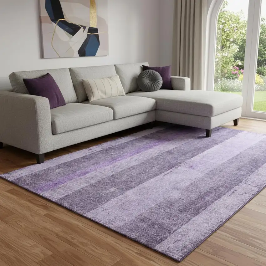 Purple And Ivory Striped Washable Area Rug With UV Protection Photo 2
