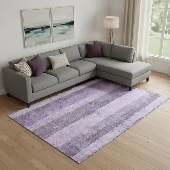 Purple And Ivory Striped Washable Area Rug With UV Protection Photo 2