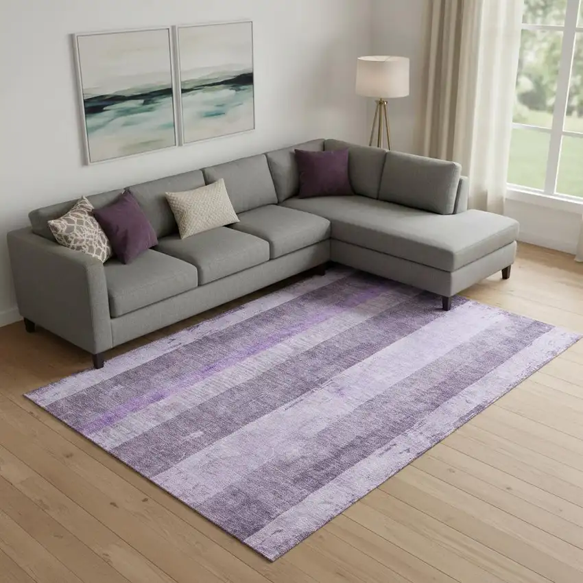 Purple And Ivory Striped Washable Area Rug With UV Protection Photo 2