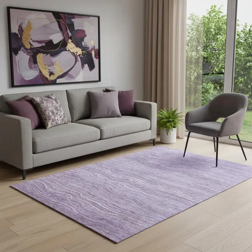 Purple And Ivory Striped Washable Area Rug With UV Protection Photo 2