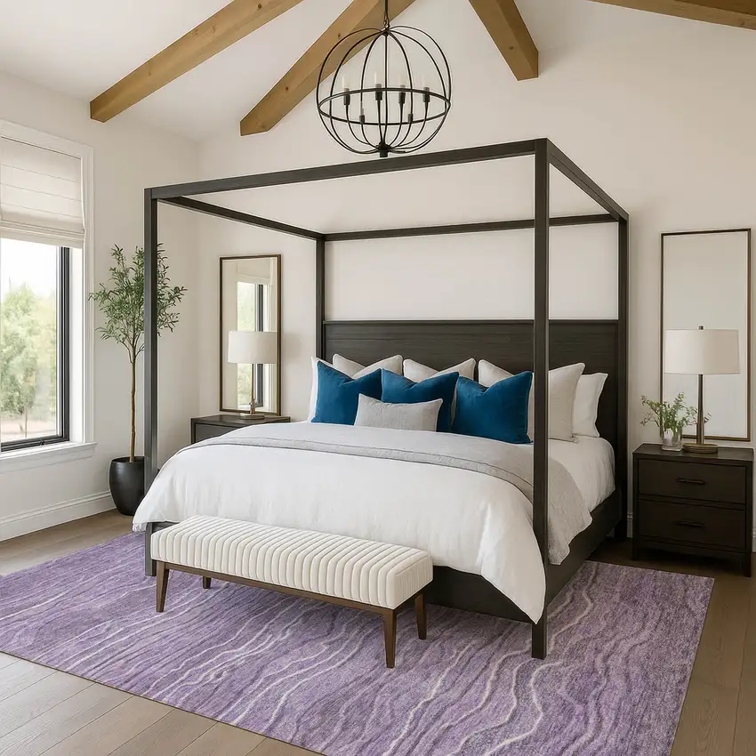 Purple And Ivory Striped Washable Area Rug With UV Protection Photo 4