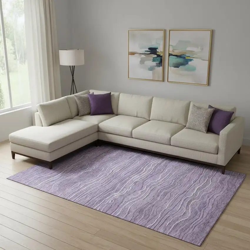 Purple And Ivory Striped Washable Area Rug With UV Protection Photo 2